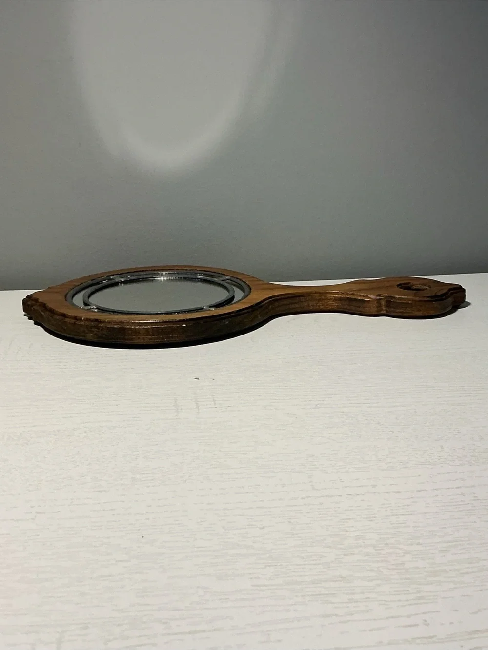 Antique Rustic Wooden Hand Held Vanity Mirror